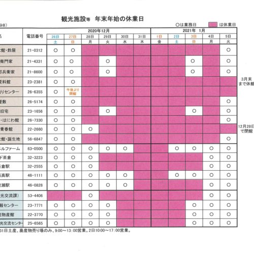 【年末年始情報】観光施設等休館日一覧