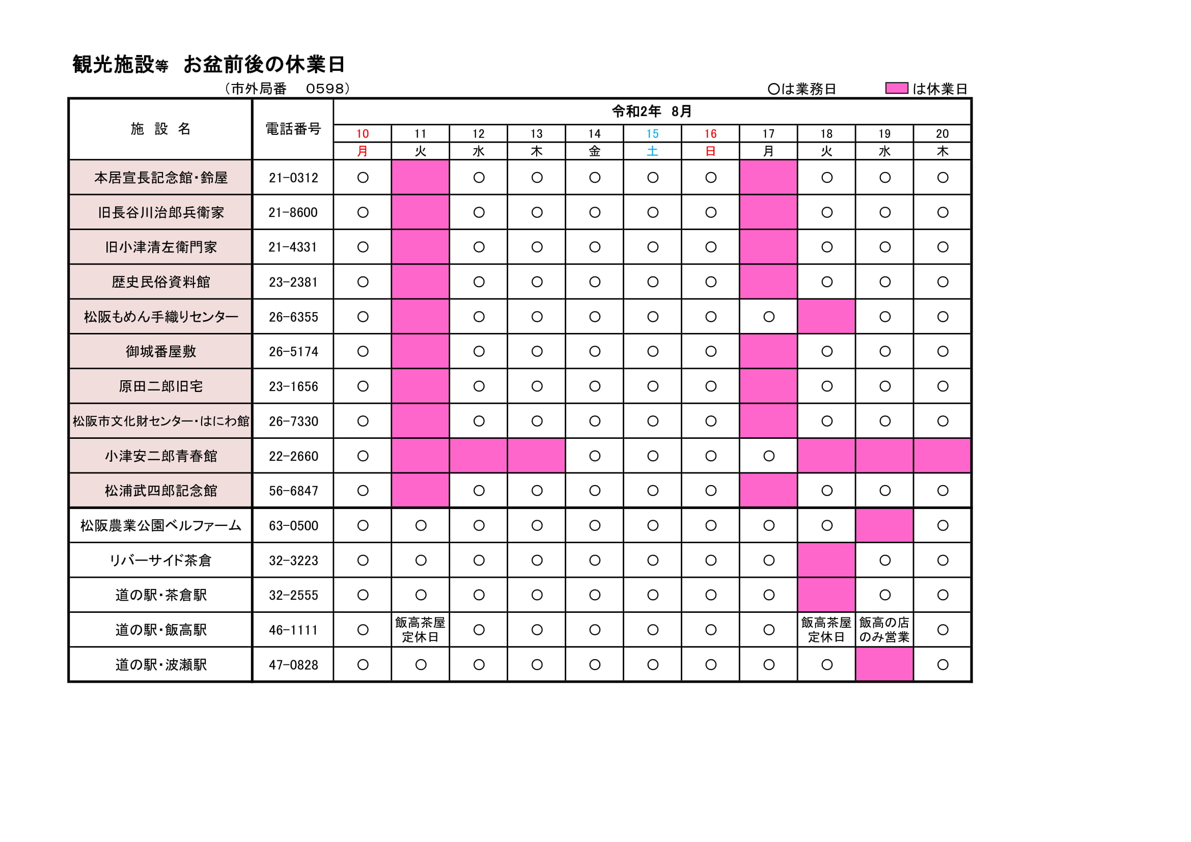 お盆期間中の観光施設 休館一覧